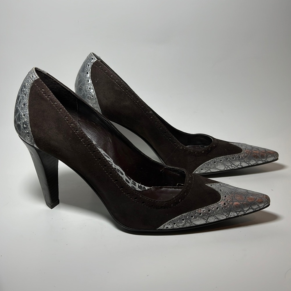 Suede with silver animal skin like design heels